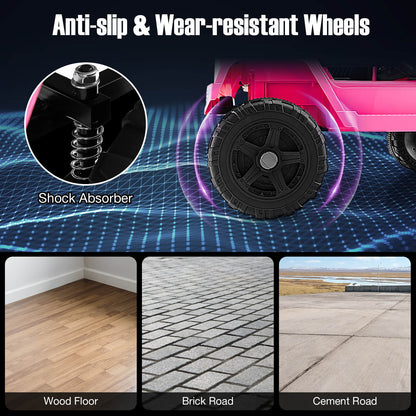 12V Kids Ride on Car, the rugged wheels and shock absorber system shown with examples of suitable ground surfaces