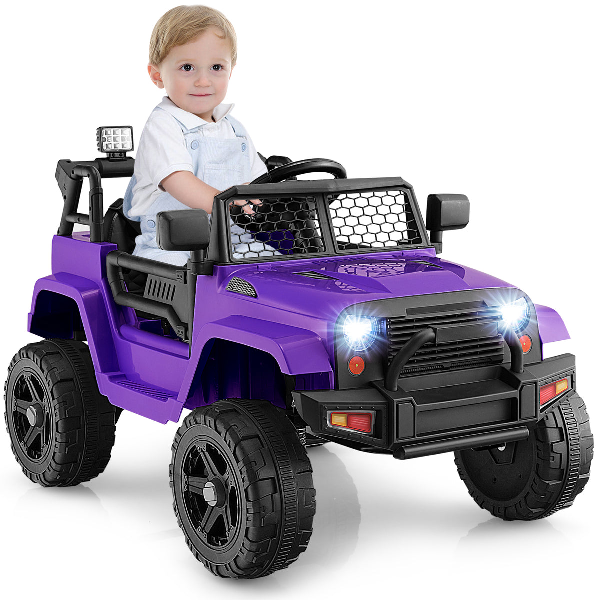 A young child sits in the driver's seat of a purple kids electric car with remote control