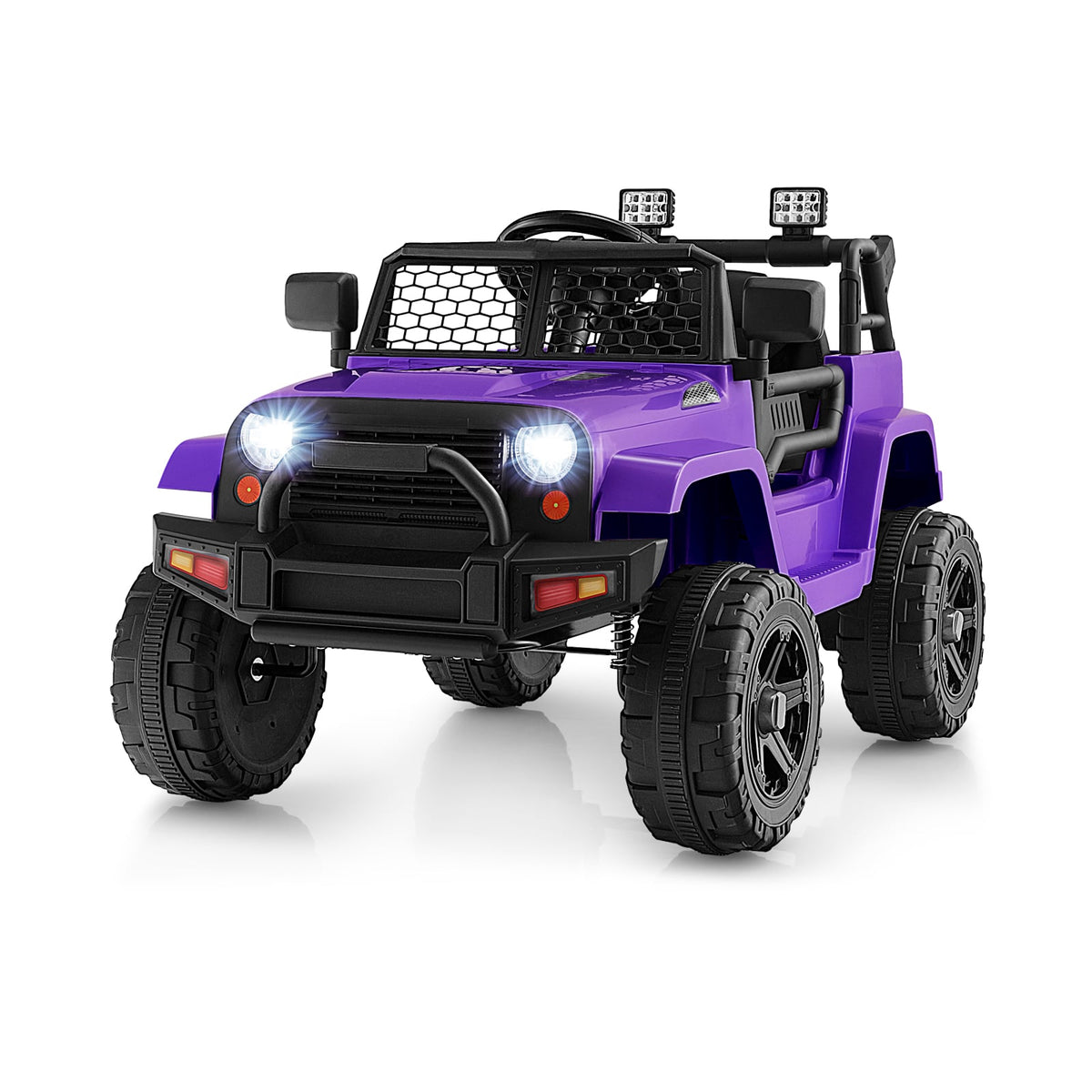 12V Kids Ride on Car with Remote Control and Music-Purple, a purple electric jeep with headlights on