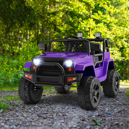 Purple kids electric car with remote control driving on a gravel path in a woodland setting