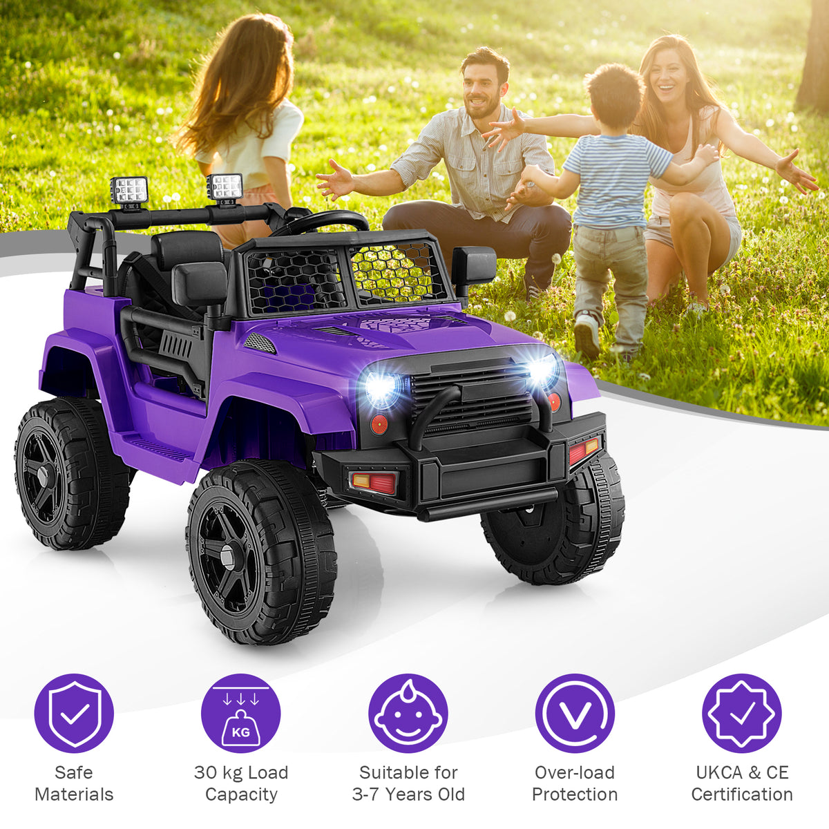 Purple kids electric car with remote control and icons for safety and suitability