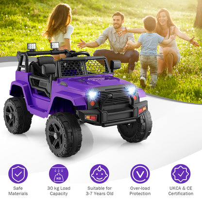 Purple kids electric car with remote control and icons for safety and suitability