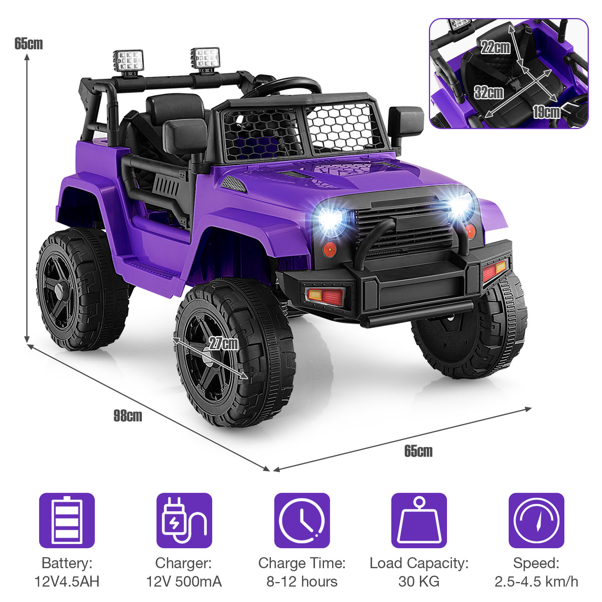 Purple kids electric car with remote control showing dimensions and specifications