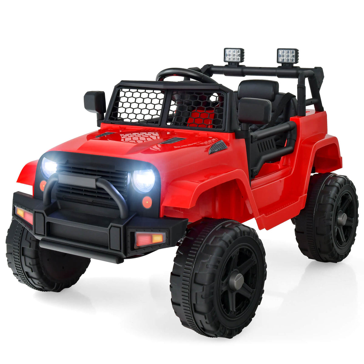 12V Kids Ride on Car, a red electric jeep with black trim and large wheels