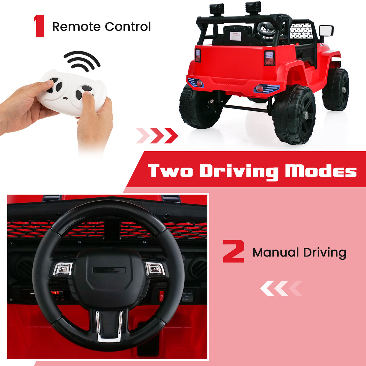 Hands holding a remote control for the red kids electric car, showing remote control driving