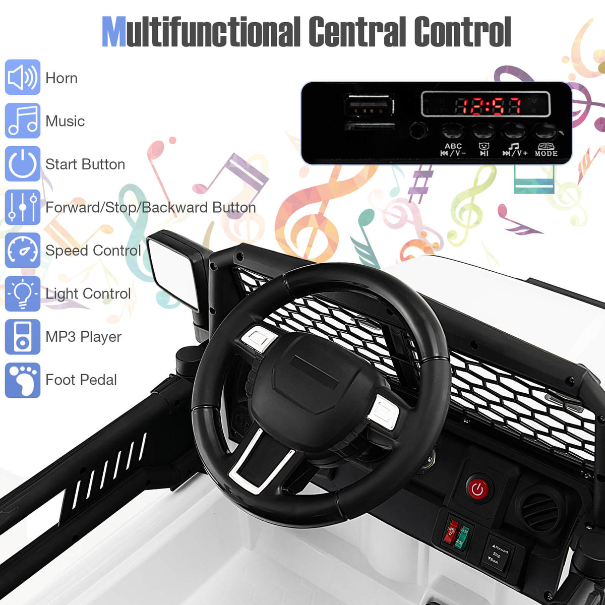 Close-up of the dashboard of the kids electric car showing controls and music player