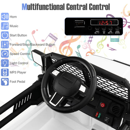 Close-up of the dashboard of the kids electric car showing controls and music player