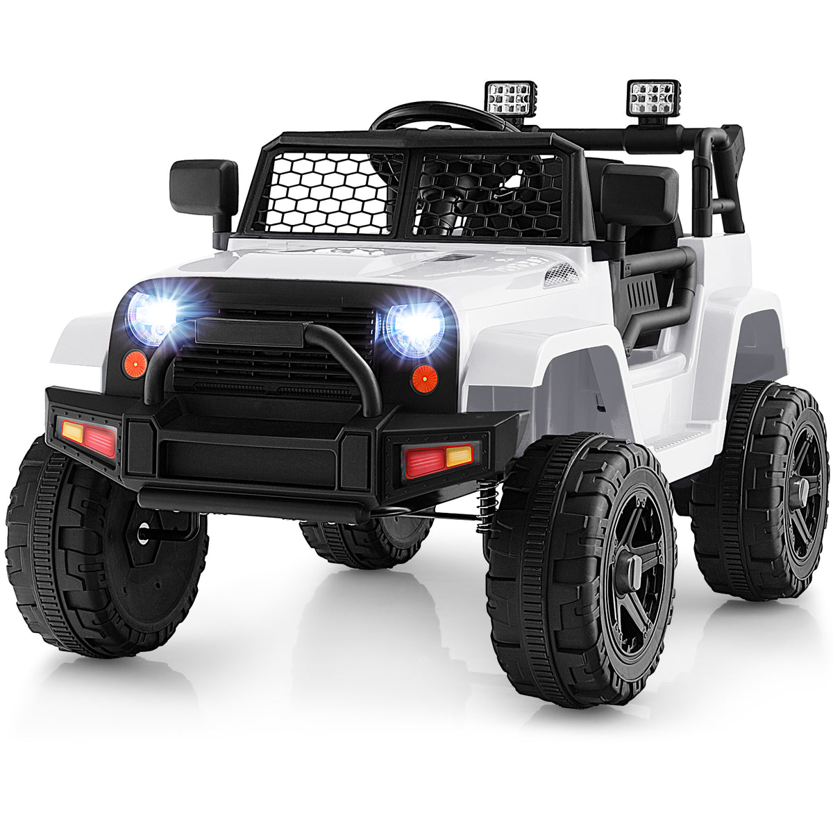 12V Kids Ride on Car in white with black accents and large wheels, front view with lights on