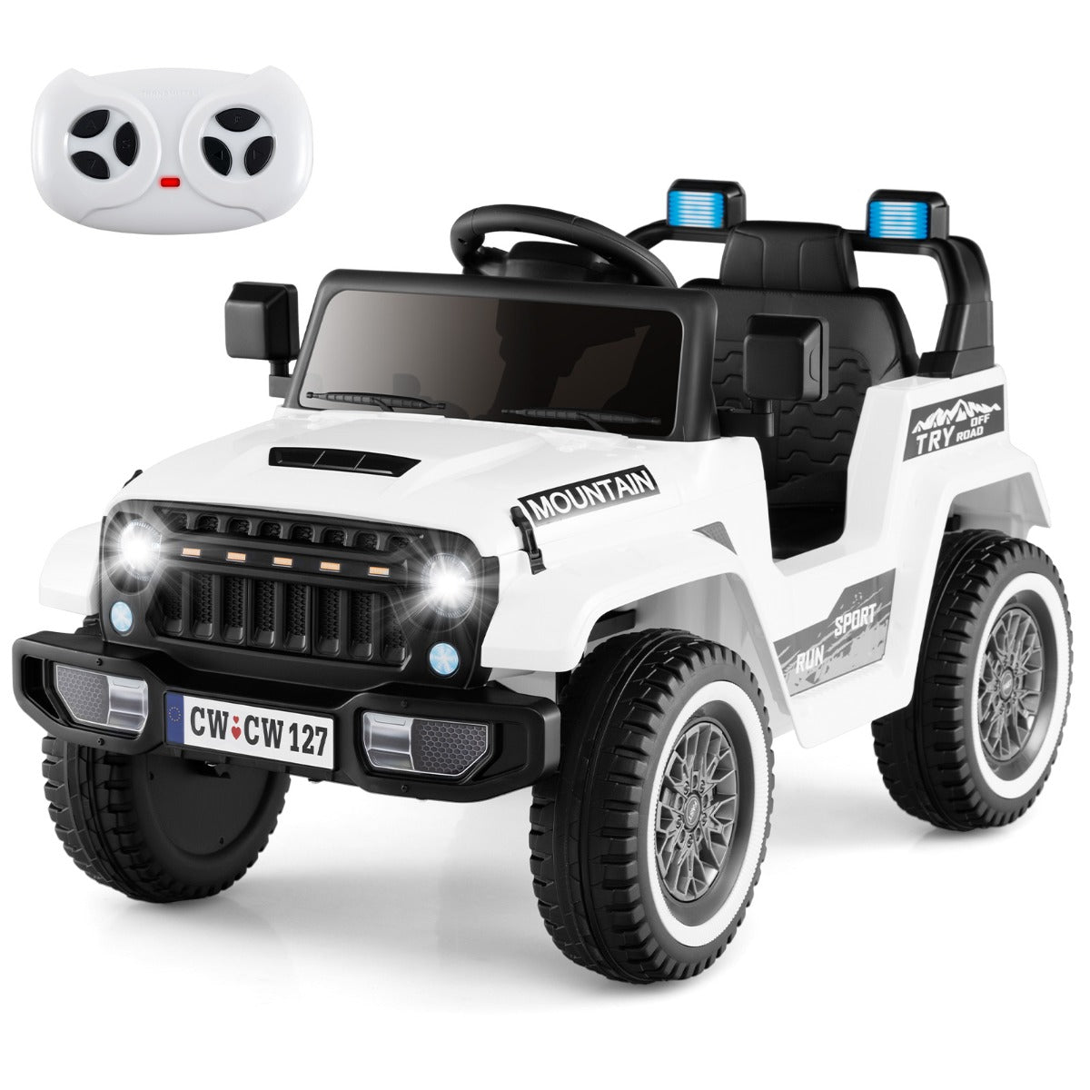 12V Kids Ride on Car with Soft Start and Battery Powered-White, a white electric jeep with a remote control on top