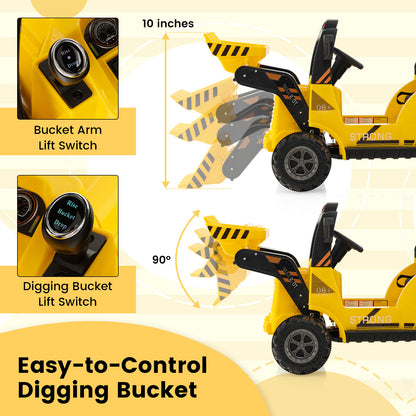 Close up of the yellow kids electric tractor bucket movement