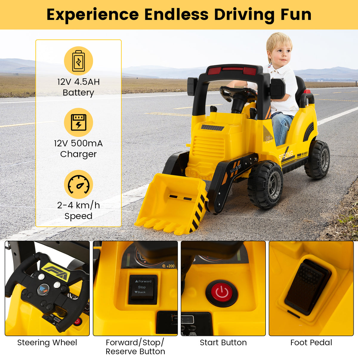 Close up of the yellow kids electric tractor controls and features
