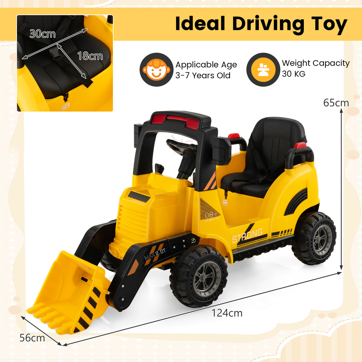 Yellow kids electric tractor with dimensions shown