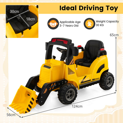 Yellow kids electric tractor with dimensions shown