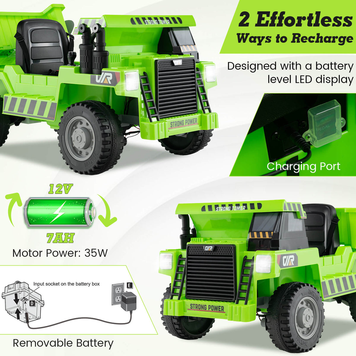 The green kids electric dump truck showing charging port and battery details
