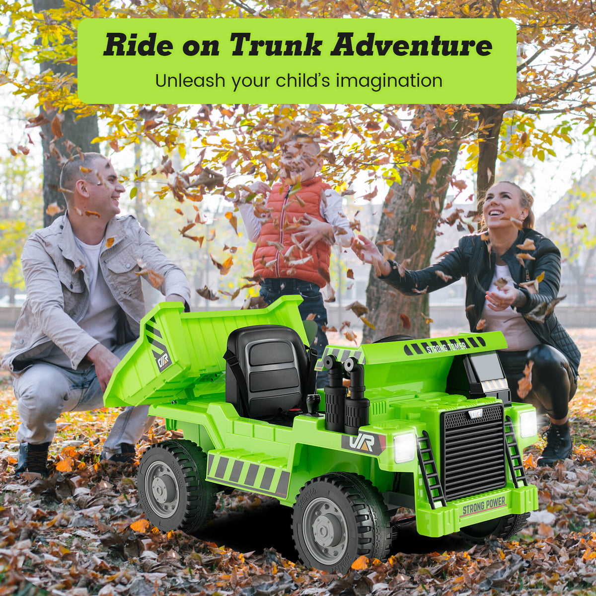 The green electric ride on truck is shown with a family playing around it outdoors