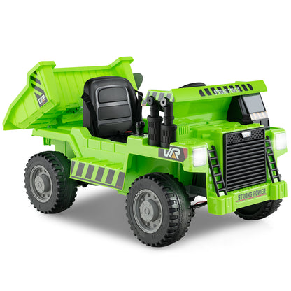 12V Kids Ride on Dump Truck, a green electric vehicle with a large dump bed and black seat