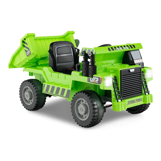 12V Kids Ride on Dump Truck, a green electric vehicle with a large dump bed and black seat