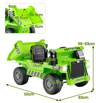 A green kids electric dump truck with dimensions shown for size comparison