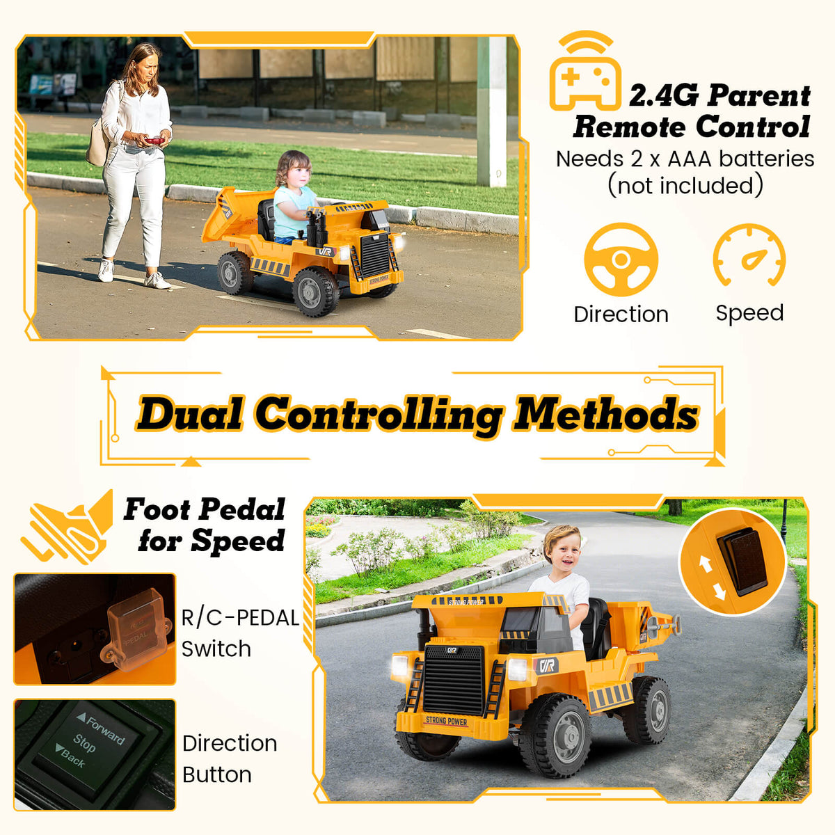 Diagram showing dual control options for a yellow electric dump truck, including foot pedal and remote