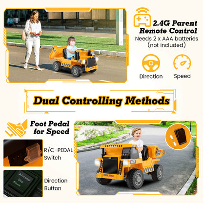 Diagram showing dual control options for a yellow electric dump truck, including foot pedal and remote