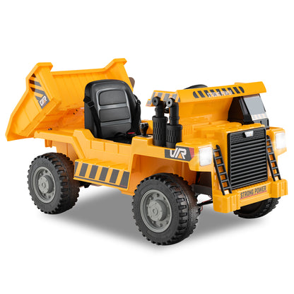 12V Kids Ride on Dump Truck, a yellow electric vehicle with a black seat and large wheels