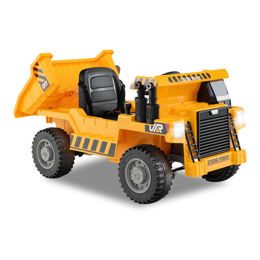 12V Kids Ride on Dump Truck, a yellow electric vehicle with a black seat and large wheels