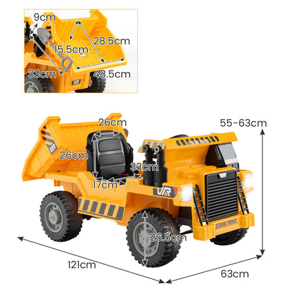 A yellow electric dump truck with dimensions shown for the bed, seat, and overall size