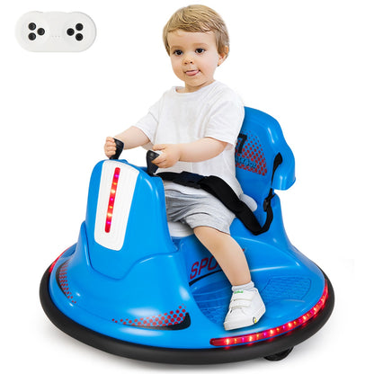 A toddler sits in the blue kids electric bumper car, holding the joystick