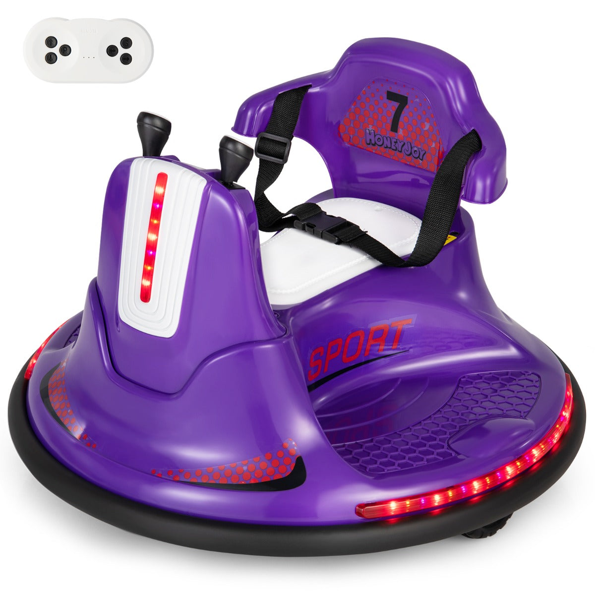 Purple electric bumper car with remote control and dual joysticks