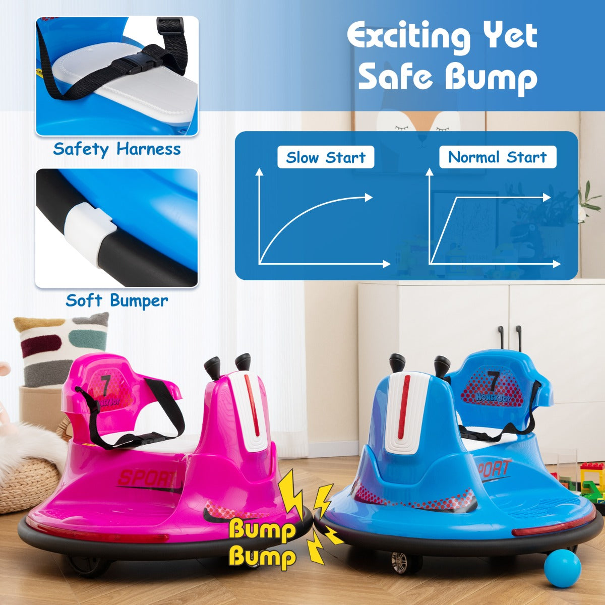 Two kids electric bumper cars demonstrating slow start and normal start functions