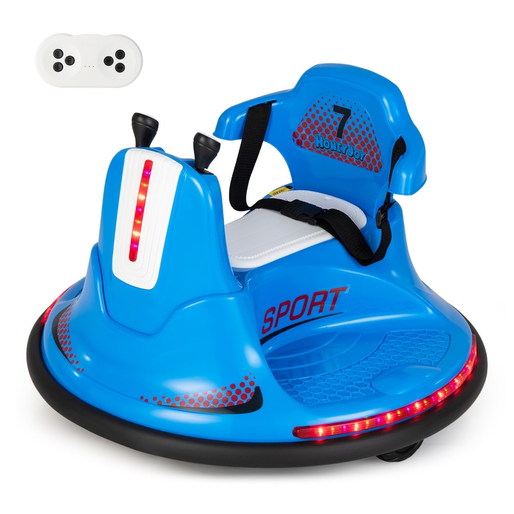 Blue kids electric bumper car with remote control on a white background
