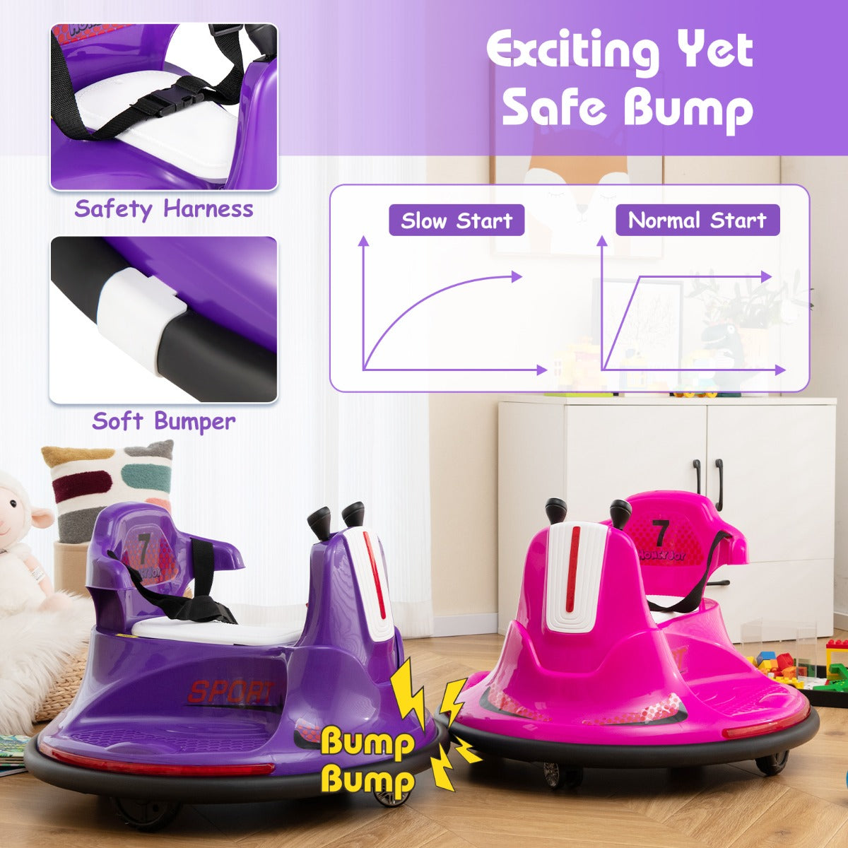 Two electric bumper cars demonstrating a safe bump feature