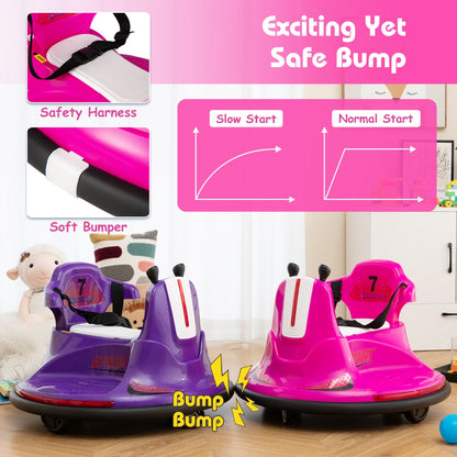 Two kids electric bumper cars in pink and purple showing safety features