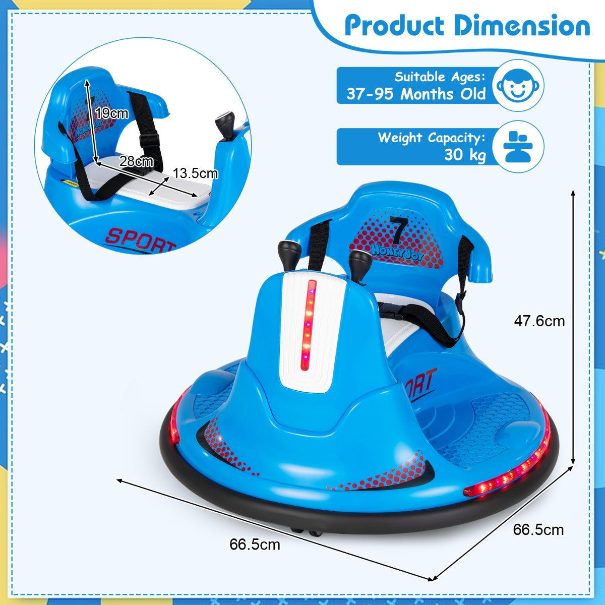 Product dimension diagram for the blue kids electric bumper car