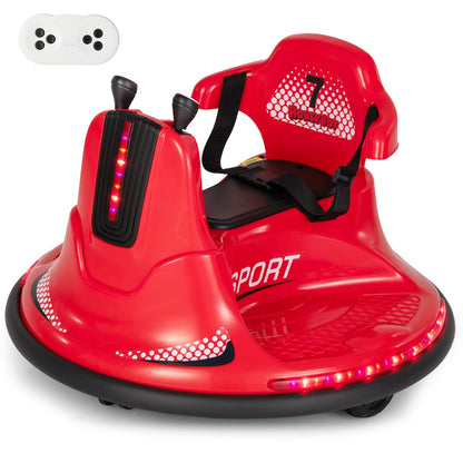 The kids electric car in red shown with its white remote control above it