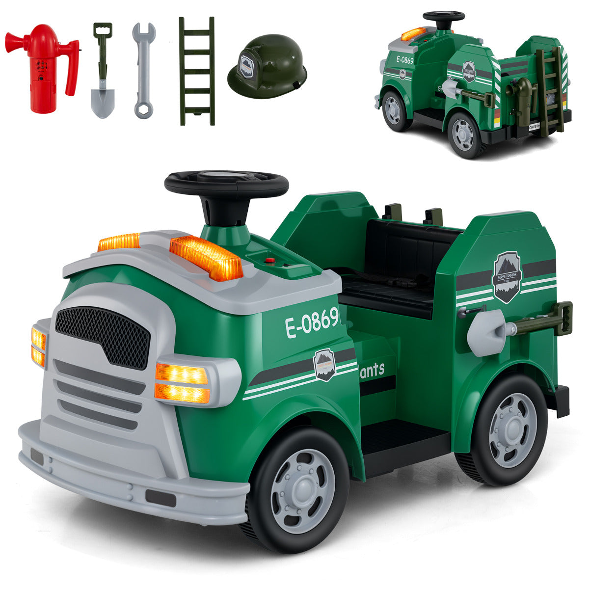 12V Kids Ride on Fire Truck with shovel and wrench in green
