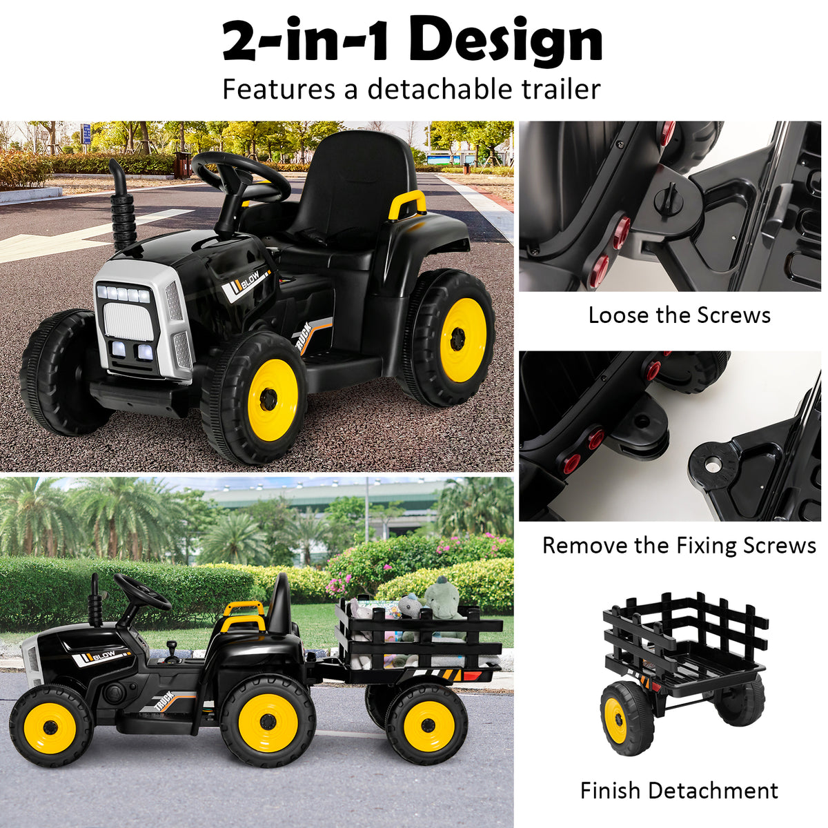The kids electric tractor showing the steps to detach the trailer from the main vehicle body