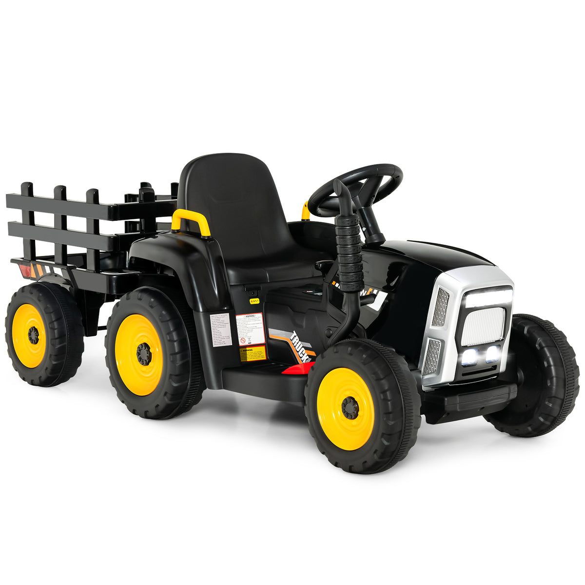 The kids electric tractor with a trailer viewed from a high angle on a white background