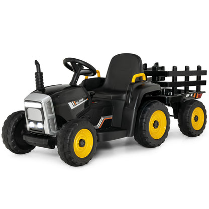 12V Kids Ride On Tractor with a detachable trailer and bright LED lights on a white background
