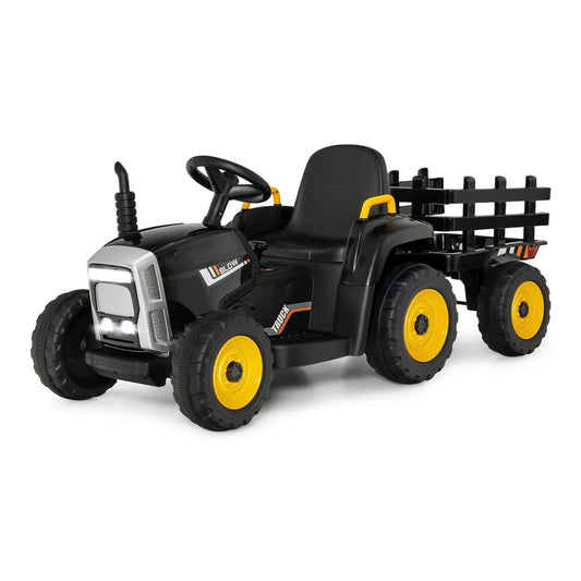 12V Kids Ride On Tractor with a detachable trailer and bright LED lights on a white background