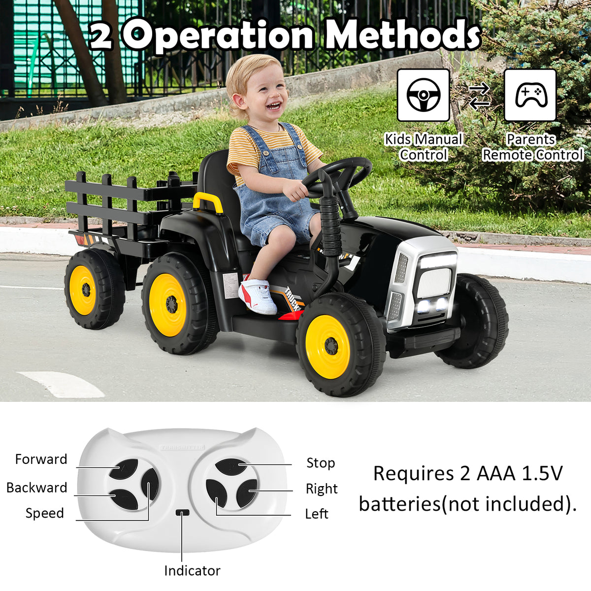The kids electric tractor with a remote control and diagrams explaining the operation methods