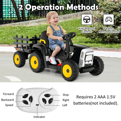 The kids electric tractor with a remote control and diagrams explaining the operation methods