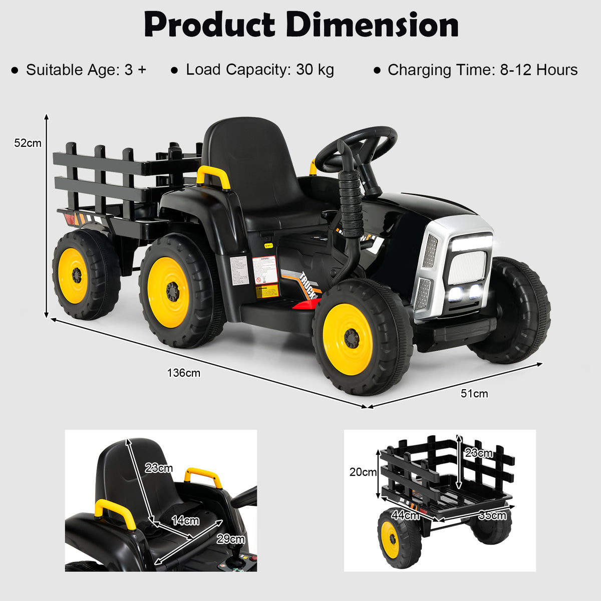 The kids electric tractor with annotated lines showing the dimensions of the seat and trailer