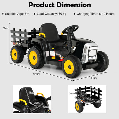 The kids electric tractor with annotated lines showing the dimensions of the seat and trailer