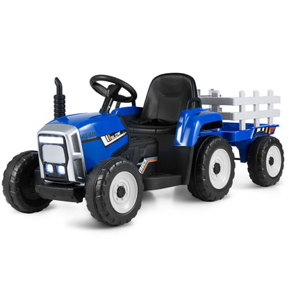 12V Kids Ride On Tractor with trailer, a blue ride-on toy with a steering wheel and large wheels