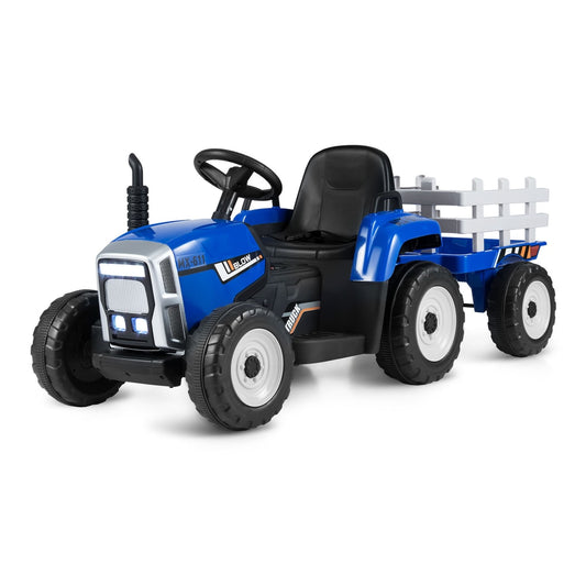 12V Kids Ride On Tractor with trailer, a blue ride-on toy with a steering wheel and large wheels