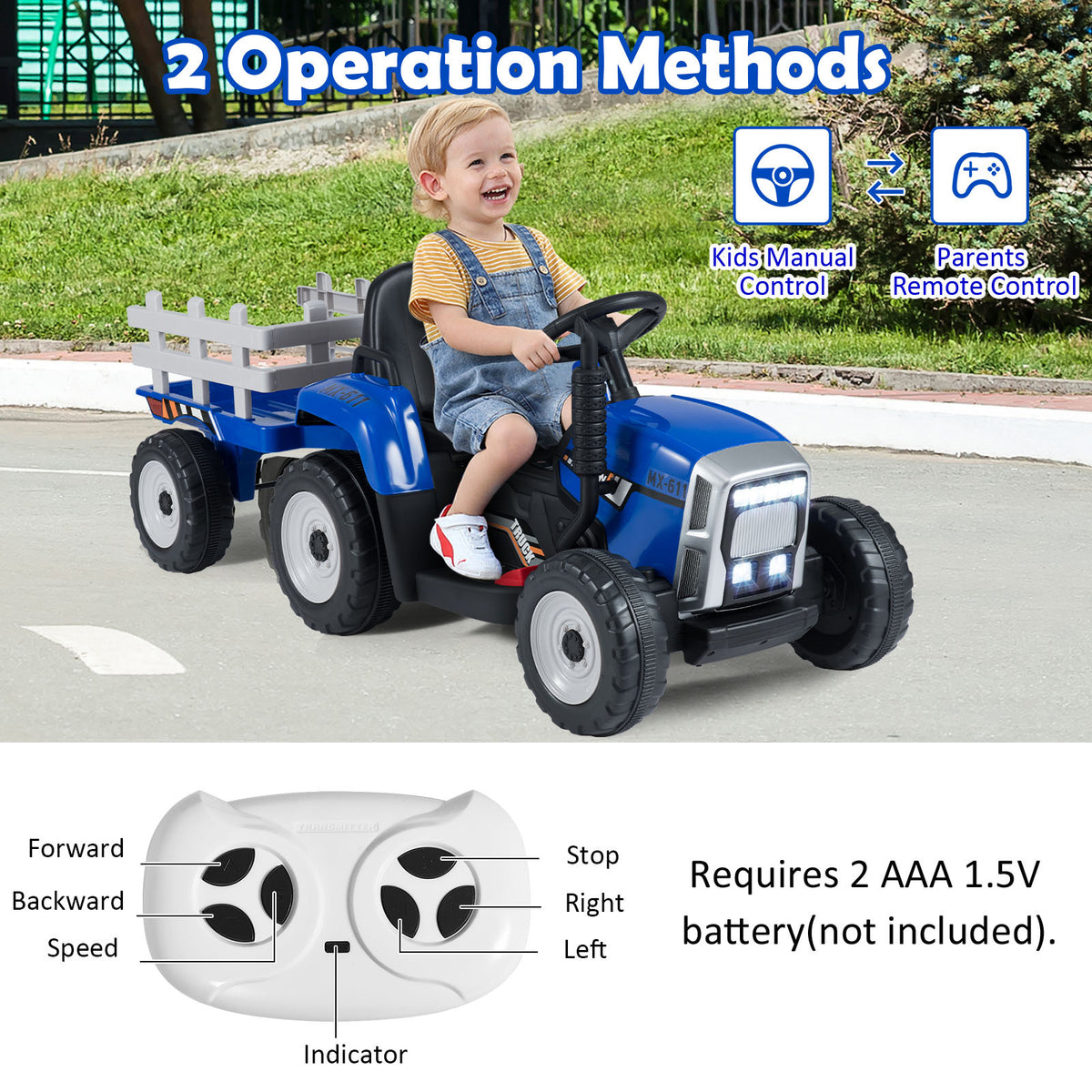 Two operation methods for the blue kids electric tractor, manual and remote control