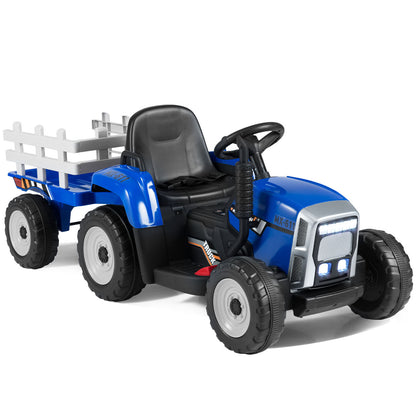 This blue kids electric tractor with trailer is viewed from the rear three-quarter angle