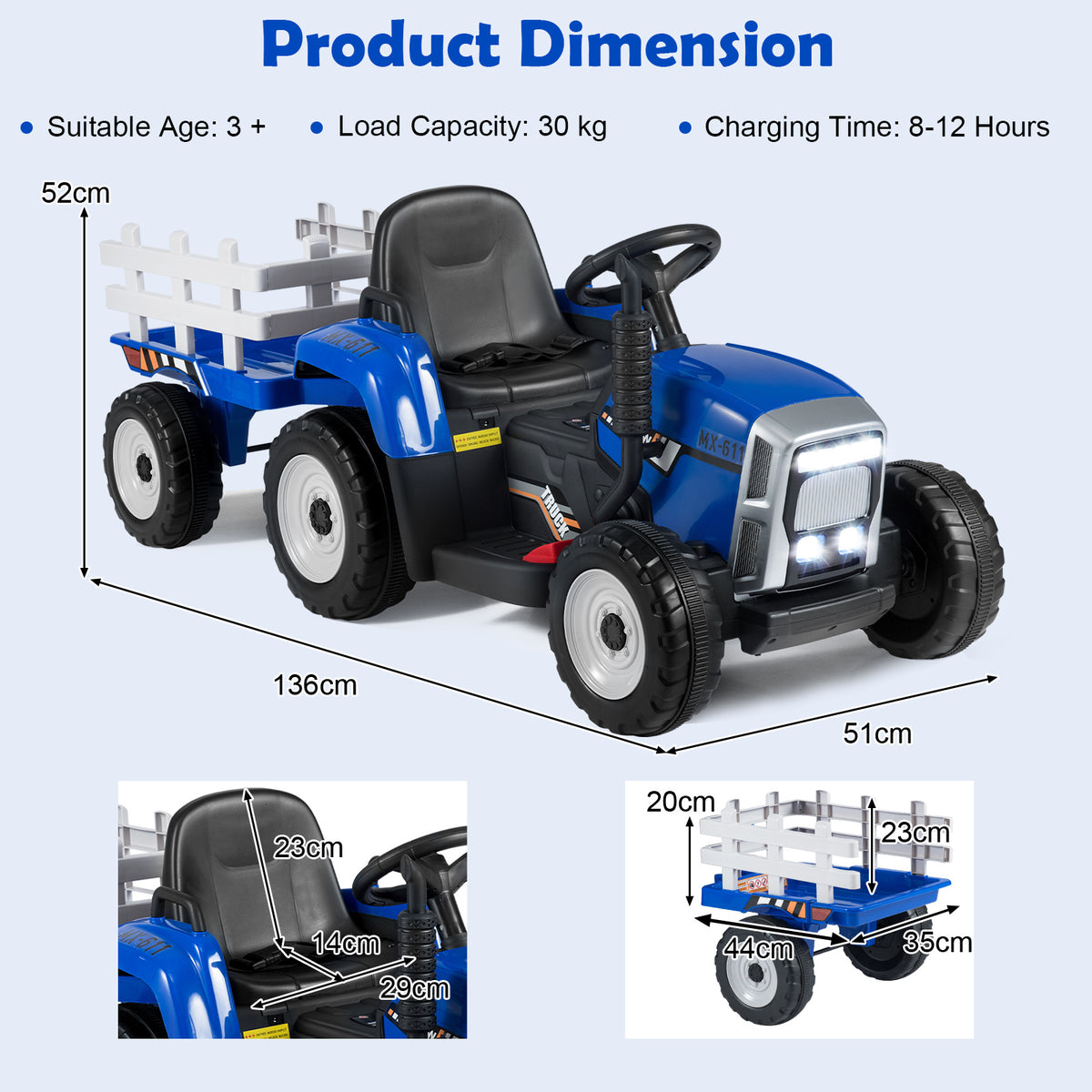 Product dimensions for the blue kids electric tractor with trailer shown in diagrams