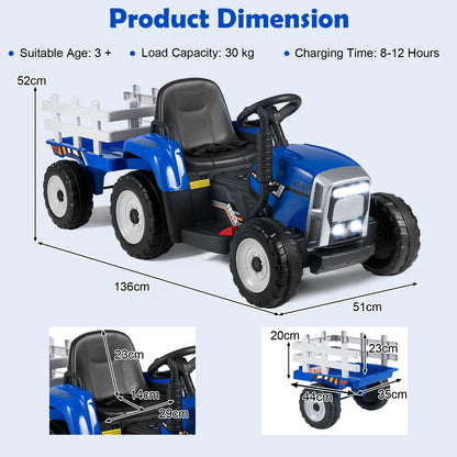 Product dimensions for the blue kids electric tractor with trailer shown in diagrams